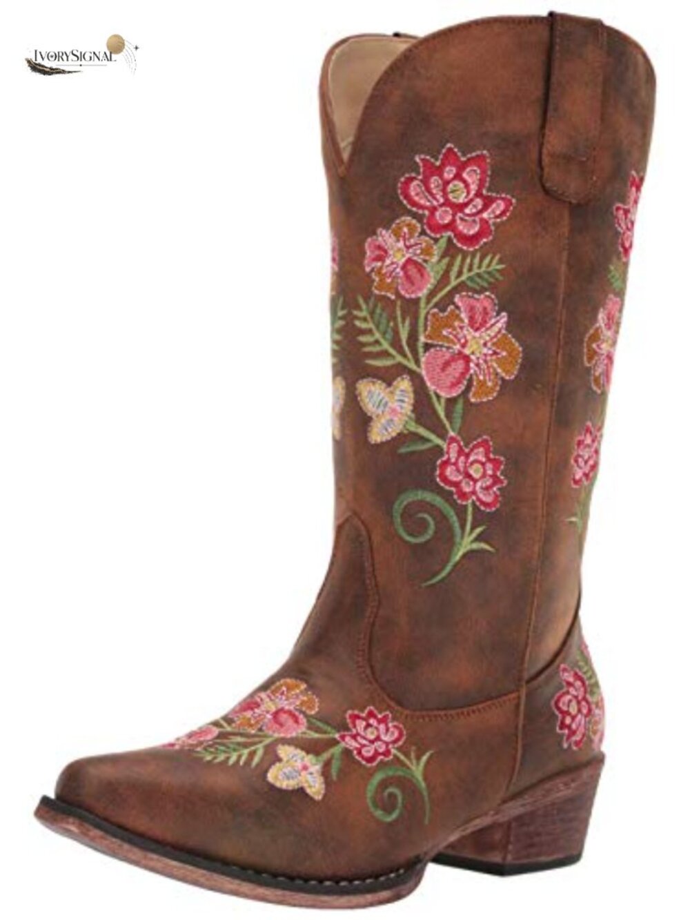 Roper Riley Floral Mid-Calf Boots Faux Leather Embroidered Block Heel